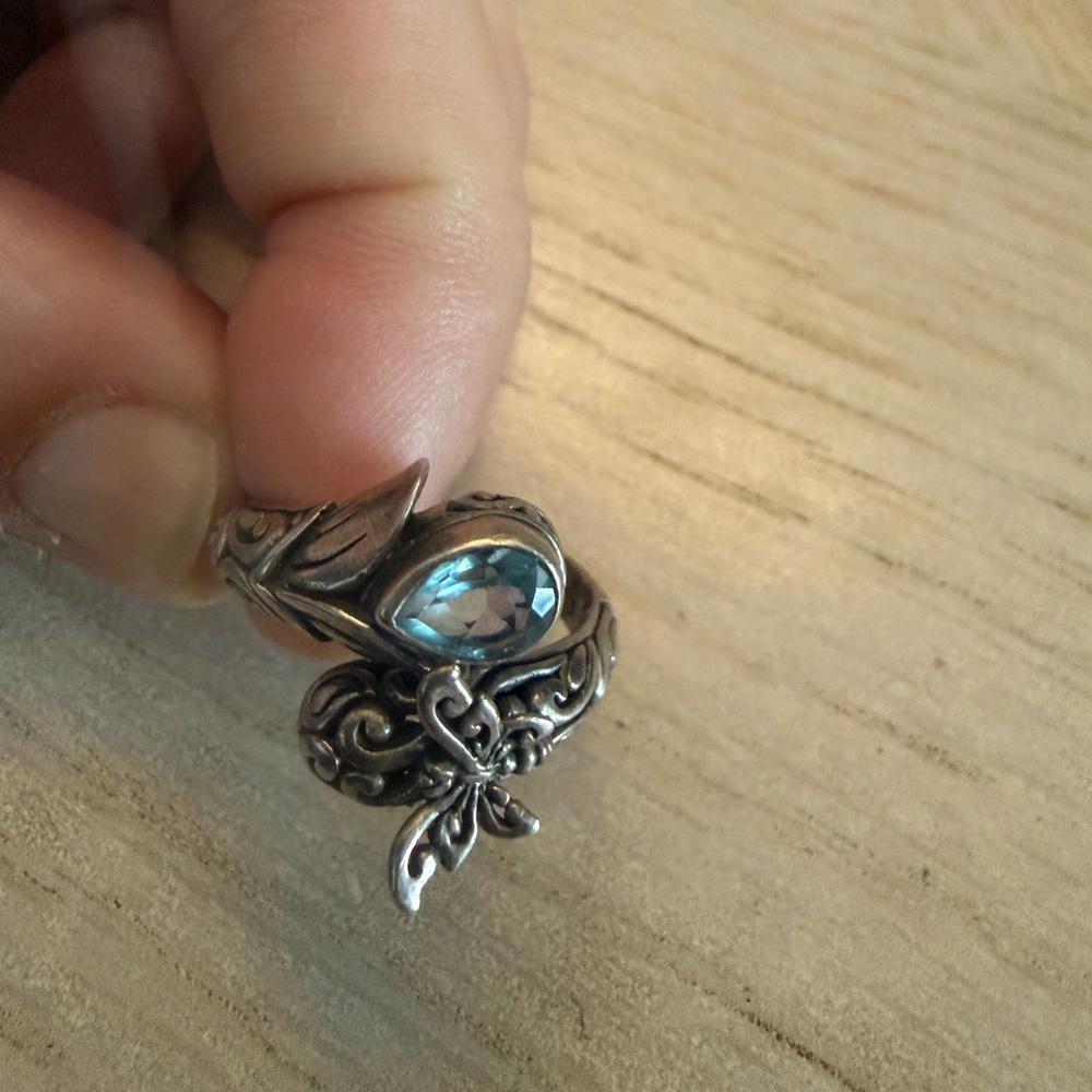 Vintage Aquamarine Silver Plated Adjustable Butterfly Ring - Picture 3 of 4